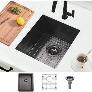Black Undermount Bar Sink, 15 x 17 inch Undermount Kitchen Sink Small Wet Bar 16 Gauge Stainless Steel Single Bowl for Outdoor RV