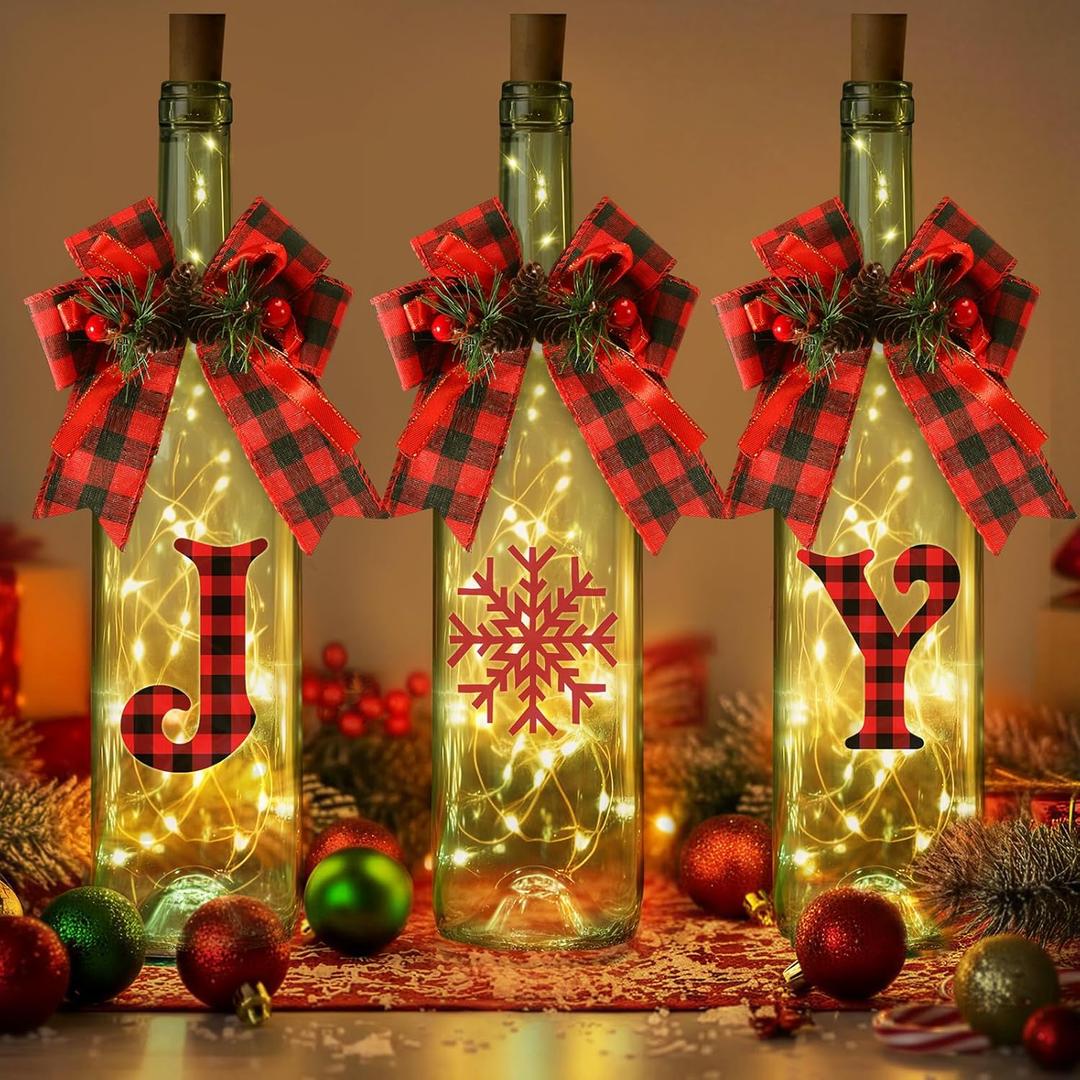 3 Sets Christmas Lighted Bottle Decorations Xmas Table Centerpieces with Bottle Lights Cork and Xmas Bow DIY Decorative Glass Coquito Bottles Christmas Gifts for Holiday Party Decor