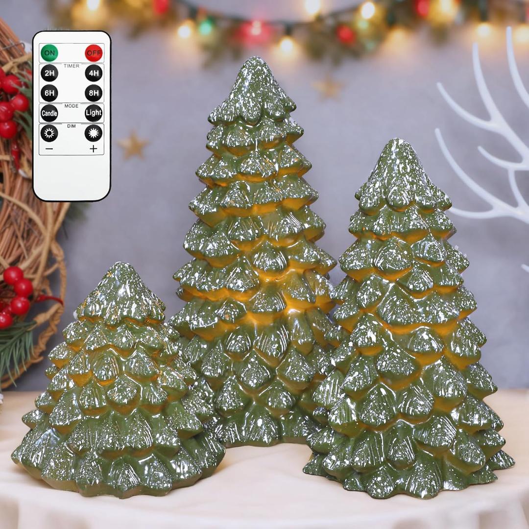 Christmas Tree Flameless Candles with Remote Timer, Real Wax Green LED Pillar Candles, Battery Operated 3D Flickering Flame for Holiday Decor for Mantel