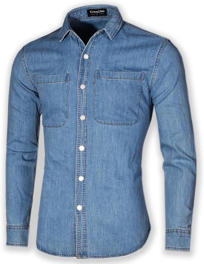 Men's Long Sleeve Slim-Fit Snap Denim Work Shirt (XX-Large, Blue)