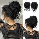 SARLA 2PCS Black Messy Bun Hair Pieces for Women Wavy Curly Synthetic Hairpieces for Updos with Tendrils Fake Scrunchies Ponytail Extension