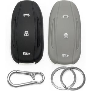 2-pcs Click&Fit Silicone Key Fob Covers Compatible with Tesla Model 3 2017-23, Model S 2012-23, Model Y 2020-2023, Model X 2016-23  Car Remote Key Rubber Case Protectors, 3-Buttons, Black&Grey