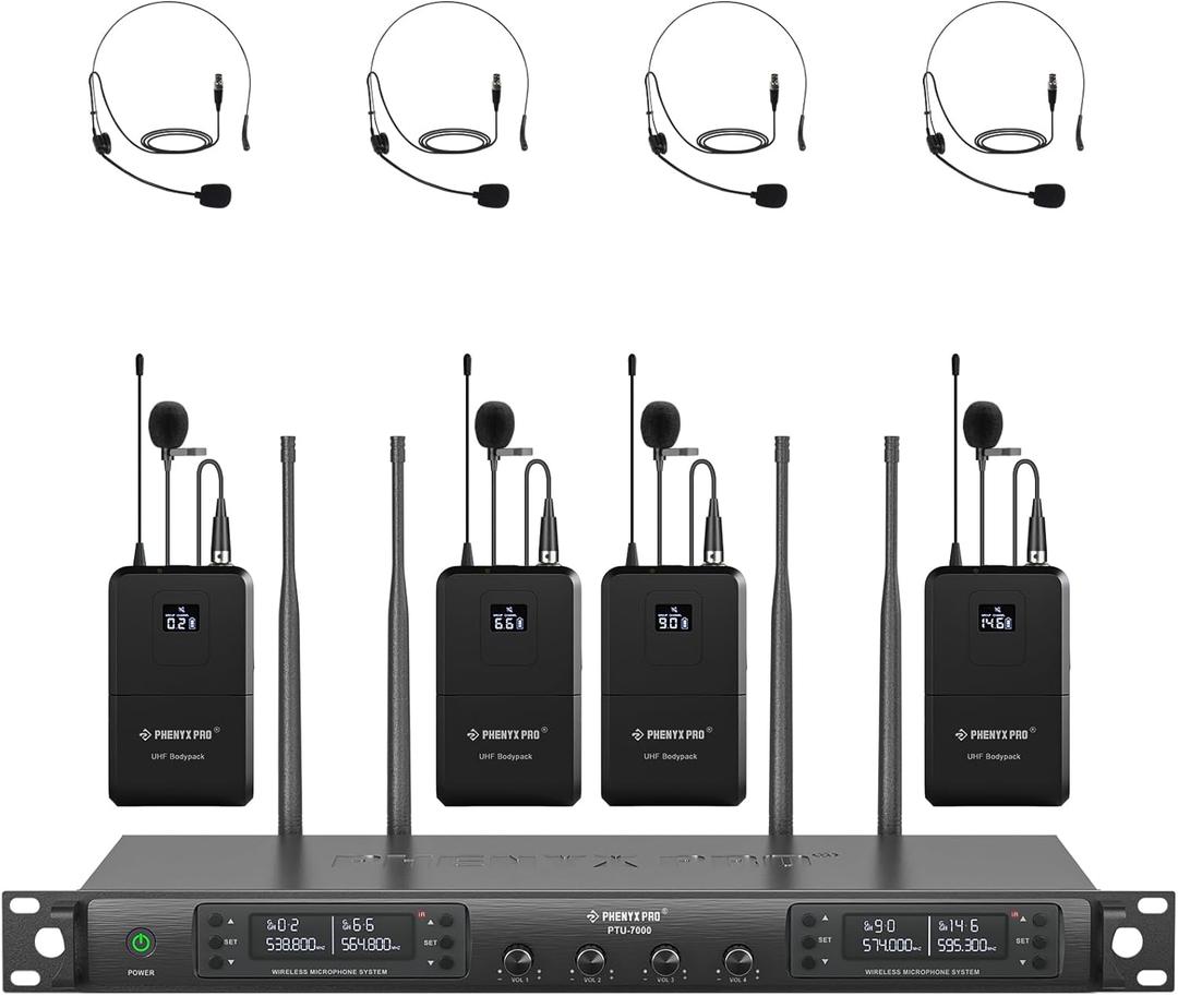 Phenyx Pro 4-Channel Wireless Microphone System, UHF Auto Scan Cordless Mic Set, 4 Bodypacks w/Headsets/Lapel Mics, 4x40 Frequencies, 328ft Coverage, Mic for Church, DJ, Meeting (PTU-7000-4B)