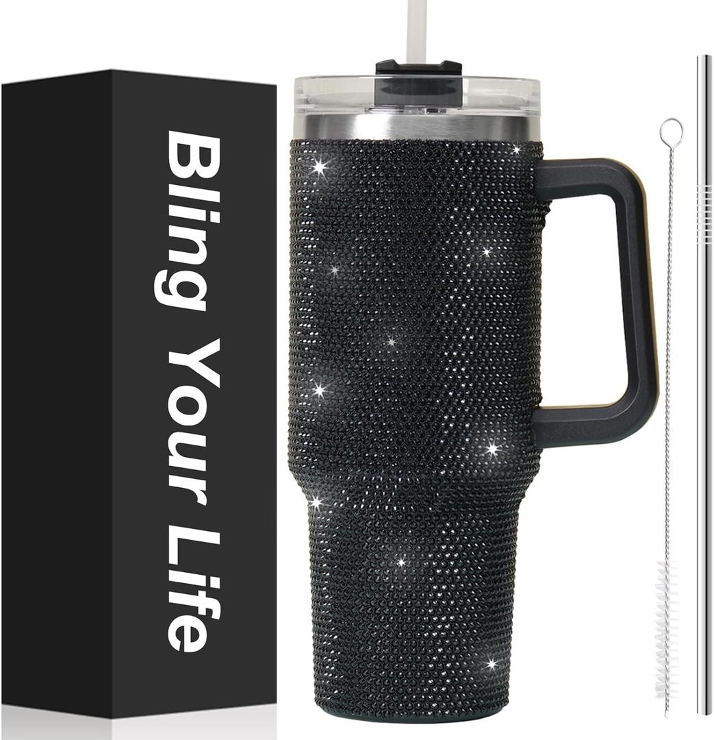 40oz Rhinestone Bling Tumbler with Handle and 2 Straw,Glitter Travel Mug with Lid,Rhinestone Water Bottle,Diamond Vacuum Insulated Stainless Steel Cup for Girls Women