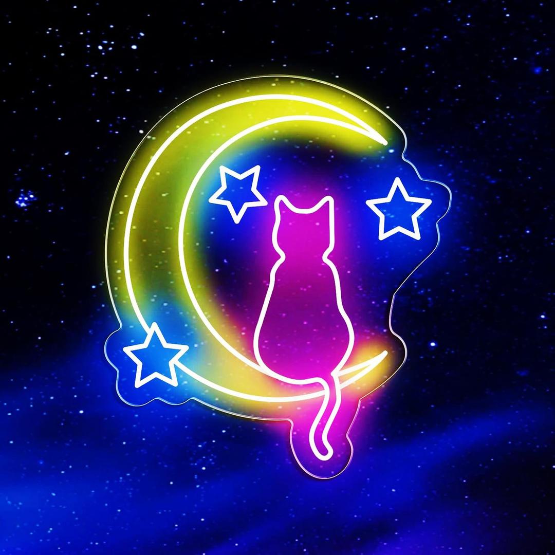 Moon Cat Neon Sign for Wall Decor USB Powered Led Cute Cat Moon Neon Light for Kids Bedroom Wall Decor Led Wall Art for Pet Shop Birthday Party Gift for Kids(14inch*12inch)