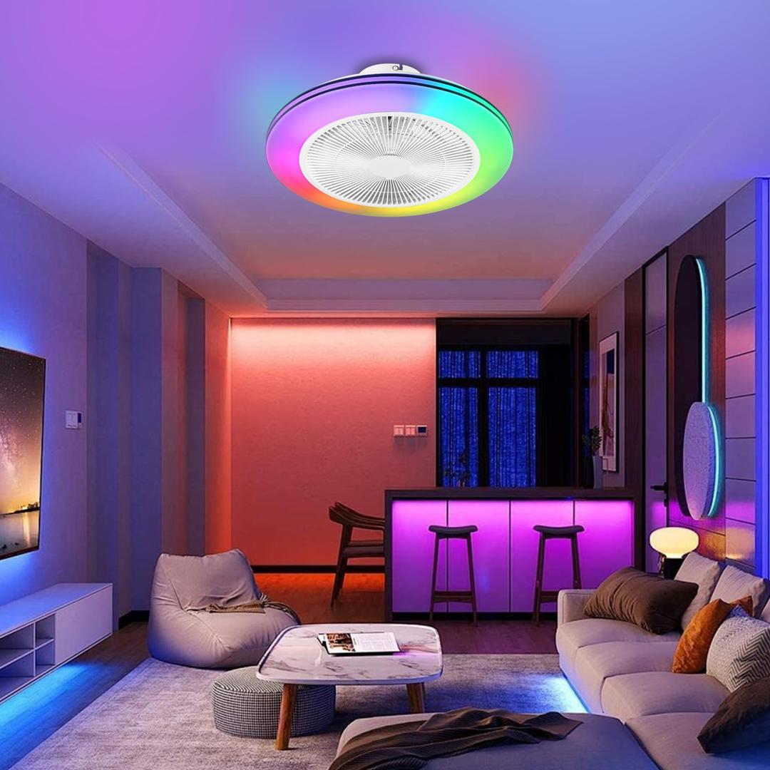 2-in-1 Low Profile Ceiling Fan with Light, 20” Caged Safety Design for Kids - RGB Color, Smart APP/Remote Control, Quiet Flush Mount DC Motor, Ideal for Bedroom/Living Room/Kitchen