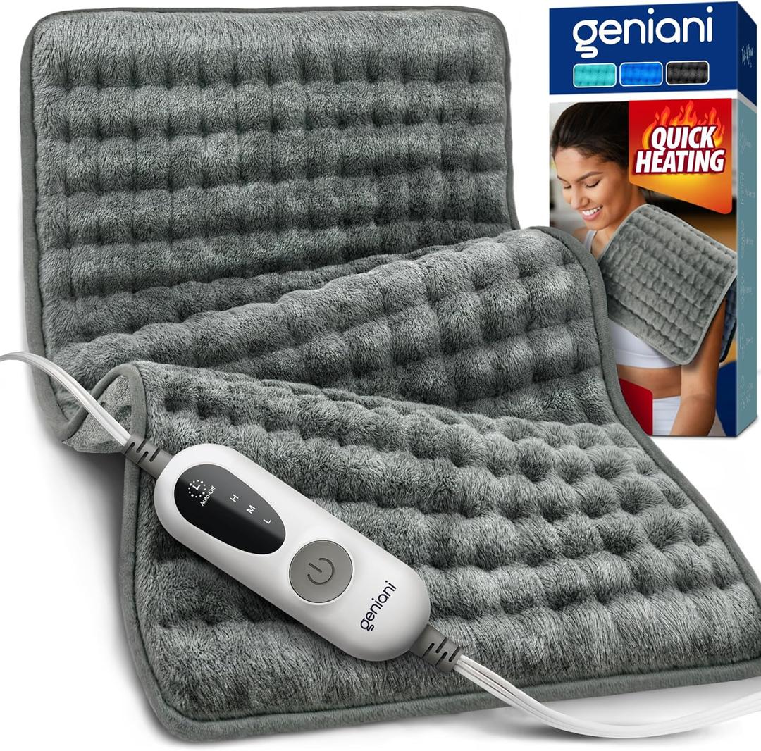 GENIANI Electric Heating Pad for Back Pain & Cramps Relief, Electric Throw, Auto Shut Off, Machine Washable, Moist Heat Pad for Neck & Shoulder - Mothers Day Gifts, Extra Large 24x12 (Chinchilla Gray/Gray)