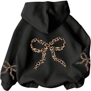 RoseSeek Girl's Bow Cheetah Leopard Hoodies Long Sleeve Pullover Tops Preppy Cute Sweatshirts Hoodies