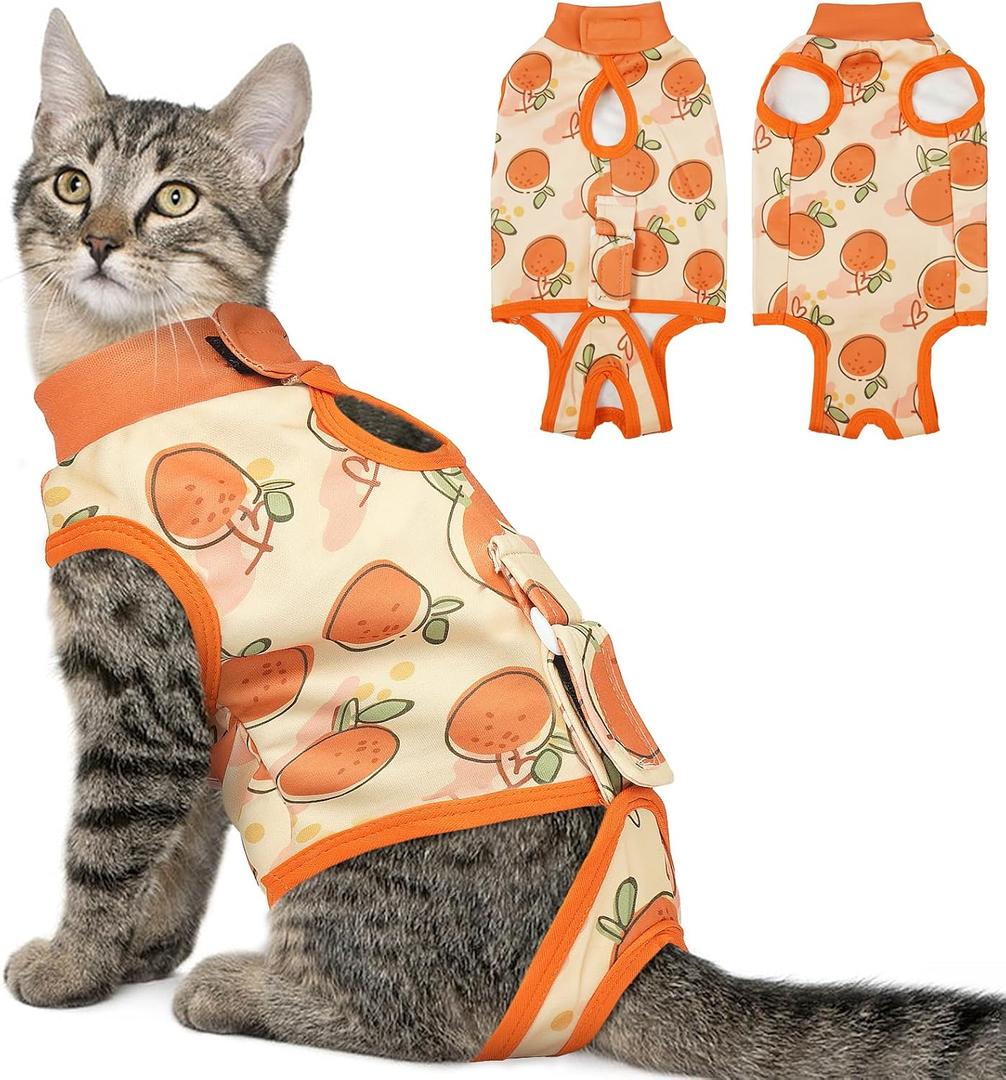 BRKURLEG Cat Recovery Suit, Surgery Onesie for Cats, After Surgery E-Collar Male and Female Alternative for Cats, Pet Surgery Shirt for Spay Abdominal Skin Anti Licking, Orange, S
