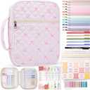 XKDOUS Bible Cases with Study Supplies Durable Carrying Book Case Quilted Bible Cover Large Bible Bag with Handle & Zippered Pocket Portable Church Book Holder for Women (Cotton Pink Bow)