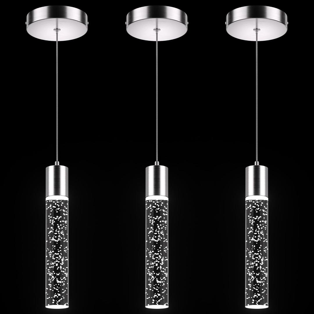 Pendant Lights Kitchen Island 3 Pack, 6500K Modern Kitchen Island Lights Ceiling Lighting Fixtures with Crystal Bubble, Integrated LED Cold White Hanging Light Dining Room Light (Brushed Nickel)
