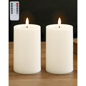 Gmnee 3"x6" Outdoor Waterproof Flameless Candles with Remote and Timers, LED Candles, Battery Operated Candles, Electric Fake Pillar Candles for Patio, Porch, and Lanterns Decor (White, Plastic)
