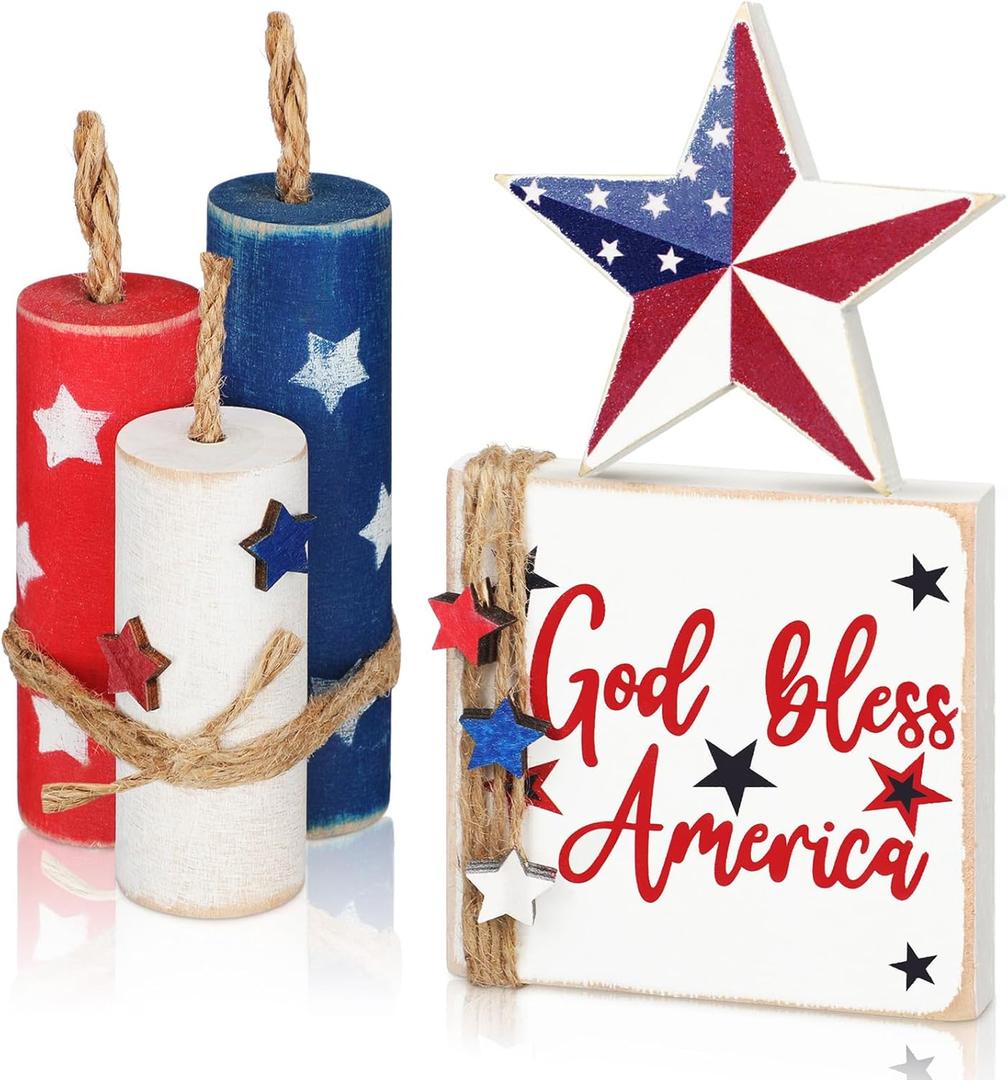 Amyhill 5 Pcs 4th of July Table Decorations Patriotic Independence Day Table Centerpieces Rustic Memorial Day Wood Firework Signs Tiered Tray Decor Rustic God Bless America Decor(Star)