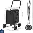 Whitmor Foldable Utility Shopping Cart with Wheels, 60Lb Capacity, Heavy Duty Grocery Cart with Steel Frame, Foam Handle, Rolling Utility Cart for Grocery, Laundry, Travel, Black/w Liner