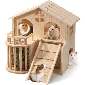Guinea Pig Hideout, Wooden 2-Tier Guinea Piggy Castle House Habitat Accessories with Removable Ladder Food Bowl & Hay Rack Easy to Assemble for Small Animal Hamsters Syrian Hamsters Gerbils Rats