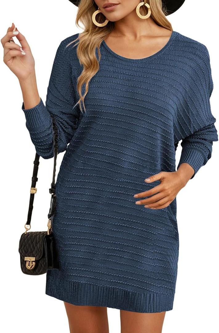 Dokotoo Womens Sweater Dresses 2025 Trendy Casual Crew Neck Long Sleeve Textured Pullover Knit Dress (Blue, XL)