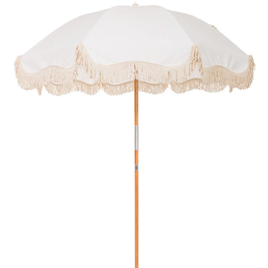 7ft Beach Umbrella with Fringe & Sand Anchor, Outdoor Patio Heavy Duty Windproof Portable Tassel Umbrellas for Sand with Push Button Tilt & Carrying Bag, UPF 50+, White(No Base)