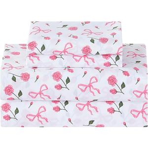 Softan Pink Floral Queen Bed Sheets, Cozy Microfiber Flower Printed Sheets with 15" Deep Pocket Fitted Sheet & Non-Slip Straps, Patterned Pink Rose - Bow Sheets & Pillowcase Set