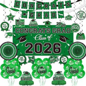 Green Themed 2026 Graduation Decorations Set - Congrats Grad Banner, Class of 2026 Backdrop, Balloons & Streamers Kit - Complete Party Supplies for High School & College Celebrations