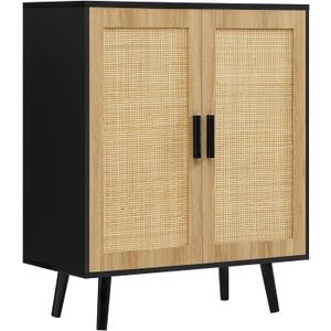 Iwell Storage Cabinet, Rattan Cabinet with 2 Shelves & Doors, Freestanding Floor Storage Cabinets for Living Room, Dining Room, Entryway, Natural+ Black