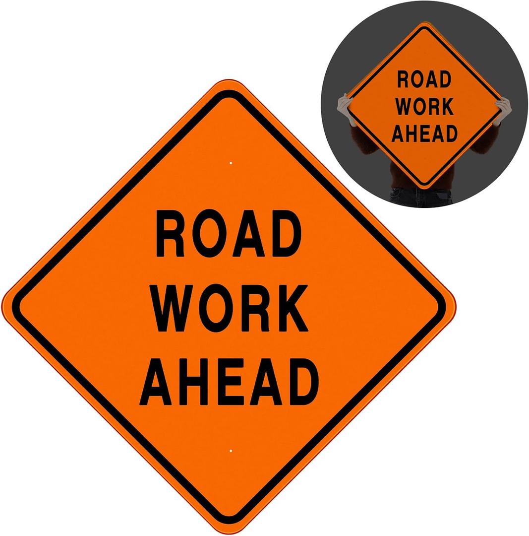 MorningRo 24 x 24 Inch Road Work Ahead Sign Aluminum Construction Site Signs for Hazard Area Engineer Grade Reflective Material Single Sided Entrance Sign Black and Orange