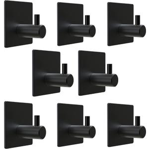 Matte Black Self Adhesive Towel Hooks for Bathroom Wall Door Mounted - SUS304 Stainless Steel Strong Strips Stick on 3/M Wall Hooks for Hanging Coat, Hat, Bag, Key, Jacket  8 Pack