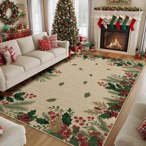 Breling Christmas Area Rug 4x6 Feet Leaves Holly Pine Red Berry Cabin Southwestern Soft Washable Christmas Rug Xmas Decorative Floor Carpet for Xmas Living Room Bedroom Dining Room Kitchen Bathroom