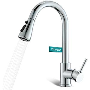 Chrome Kitchen Sink Faucet, Kitchen Faucet with Pull Down Sprayer VFAUOSIT Commercial Stainless Steel Laundry Single Handle Faucet for Kitchen Sink Chrome