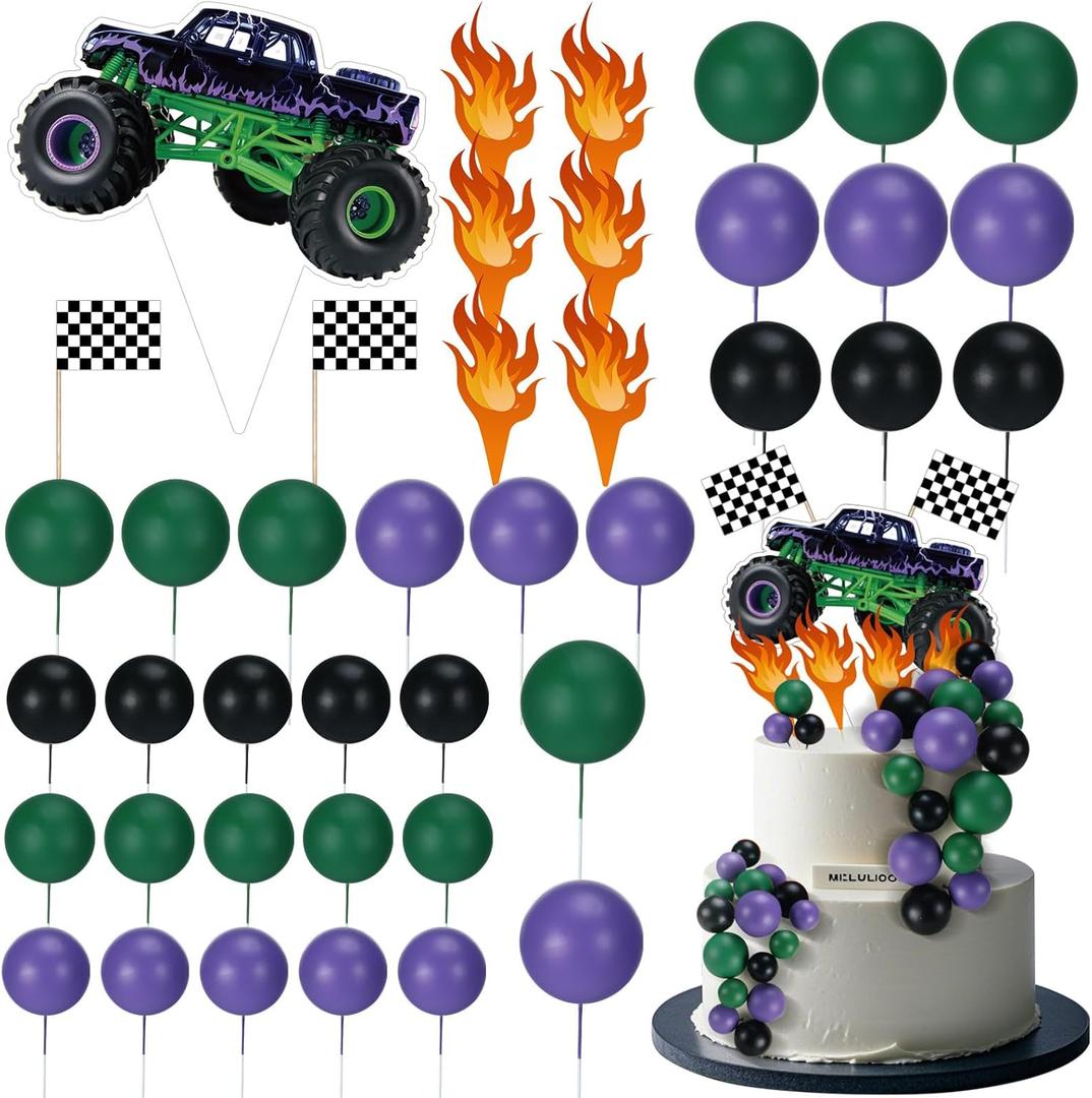 49 Pcs Monster Truck Car Cake Toppers Birthday Party Supplies Mini Balloons Cake Topper Sticks for Birthday Party Supplies, Boys' Theme Decoration