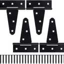 4 Inch T-Strap Gate Hinges, Shed Barn Door Hinges Heavy Duty, Black Tee Hinges for Wooden Fences, Yard Gate, Wrought Hardware Iron Rustproof (4 Pack/Set)