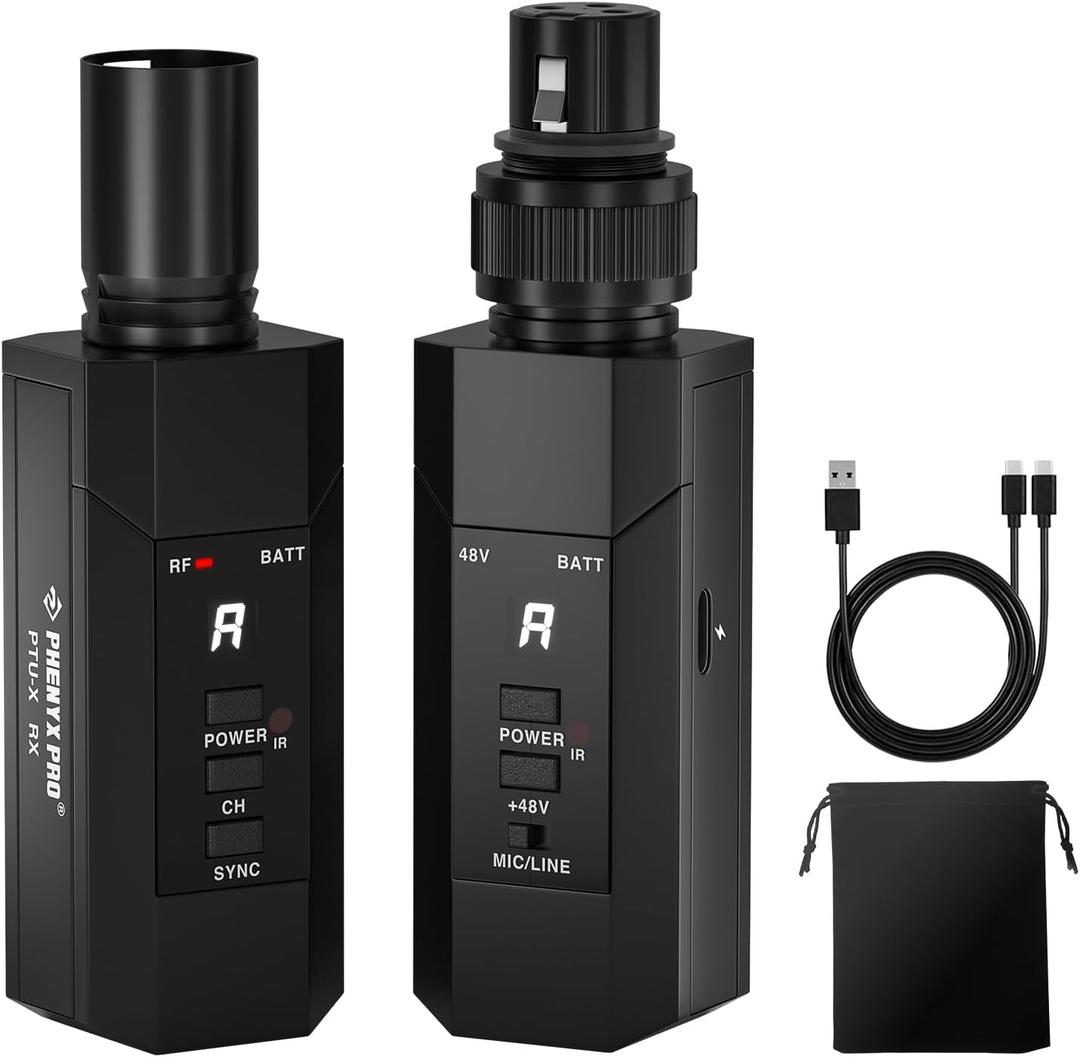 Phenyx Pro Plugon XLR Wireless Transmitter Receiver System, WiredtoWireless Microphone System w/ 16 UHF Frequencies, AutoScan, XLR Microphone Adapter for Both Dynamic Mic and Condenser Mic (PTUX)