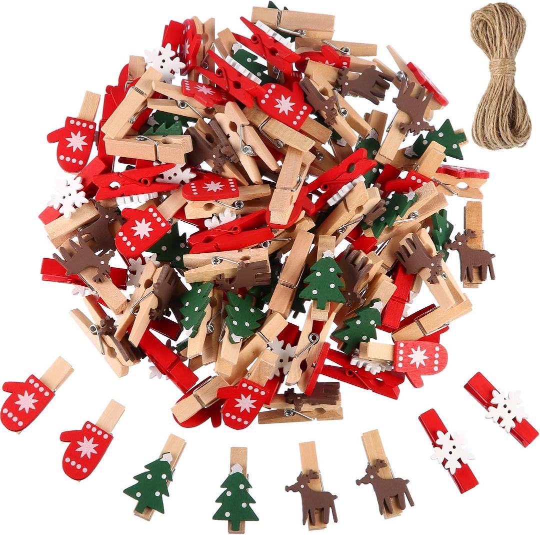 Blulu 100 Pcs Christmas Clips Mini Clothes Pins Red Green Small Wooden Clothespins Photo Clip Set for Xmas DIY Hanging Clip Home School Craft Party Supplies(ChristmasTree, Snowflake, Reindeer, Gloves)
