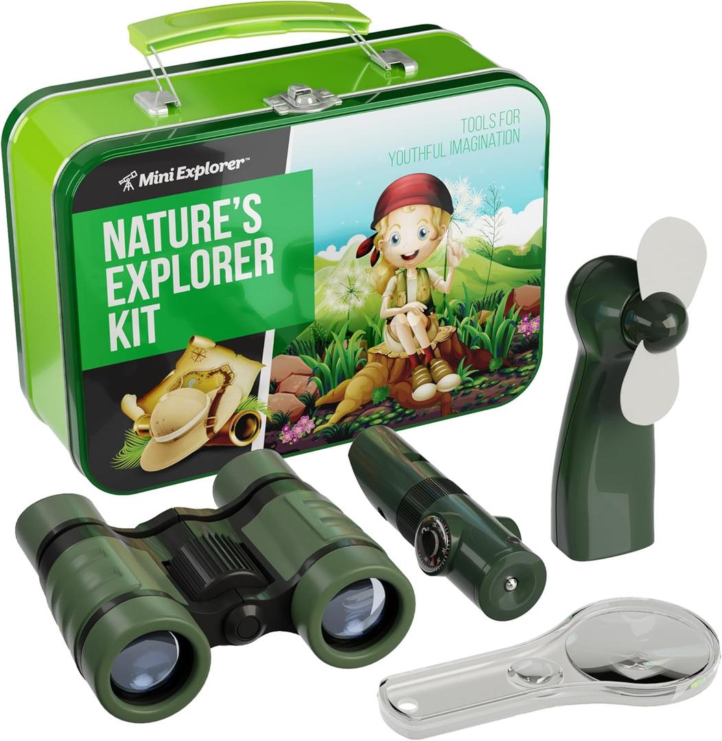 Nature Explorer Kit for Kids - Camping Gear & Accessories Play Toy Gift for Boys Outdoor Childrens Games. Birthday Gifts Toys 6 7 8 Year Old Boy. Binoculars Fan Magnifier Flashlights 5-in-1 Tool