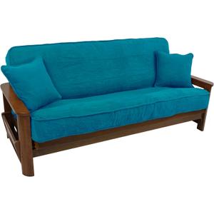 Blazing Needles Solid Microsuede Double Corded 8" to 9" Futon Cover Set with 2 Throw Pillows (Set of 3), Full, Aqua Blue