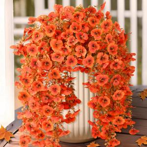 Artificial Fall Flowers for Outdoor, 4 Pcs Faux Pansy Fake Mums Plant Hanging Flowers Outdoor Fall Decor, UV Resistant No Fade Silk Flower for Front Door Porch Planter Patio Yard Garden(Orange)