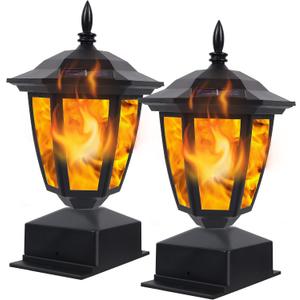 Dynaming Solar Flame Post Lights Outdoor, Solar Powered Lamps Fence Post Cap Lights, Flickering Flame LED Lantern Decorative Waterproof for Garden Deck Patio, Fit 4x4, 5x5 or 6x6 Wooden Posts, 2 Pack (Black)