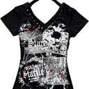 Womens Y2K Skull Gothic Graphic T-Shirt Vintage Slim Fit Grunge Print Tops Crew Neck Streeetwear Crop Top