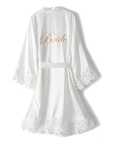 Crystal Dew Women's Lace Trim Bride Kimono Robes with Embroidery Bridal Silky Satin Bathrobe Wedding Party Sleepwear M