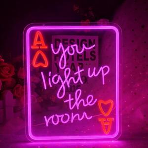 Huquary Valentine's Day Ace of Hearts Neon Sign Hot Pink Red Bachelorette Casino Poker LED Window Light You Light up The Room Sign USB Powered Adjustable for Galentine Wedding Bedroom Wall Decor