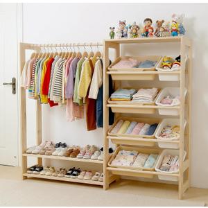 Amdermi Montessori Kids Wardrobe and Toy Storage Organizer with Bins, Wooden Toddler Dress Up Clothes Rack, Open Closet with Shoe Shelves for Childrens Bedroom and Playroom, Natural Wood, 55" x 15" x 51"