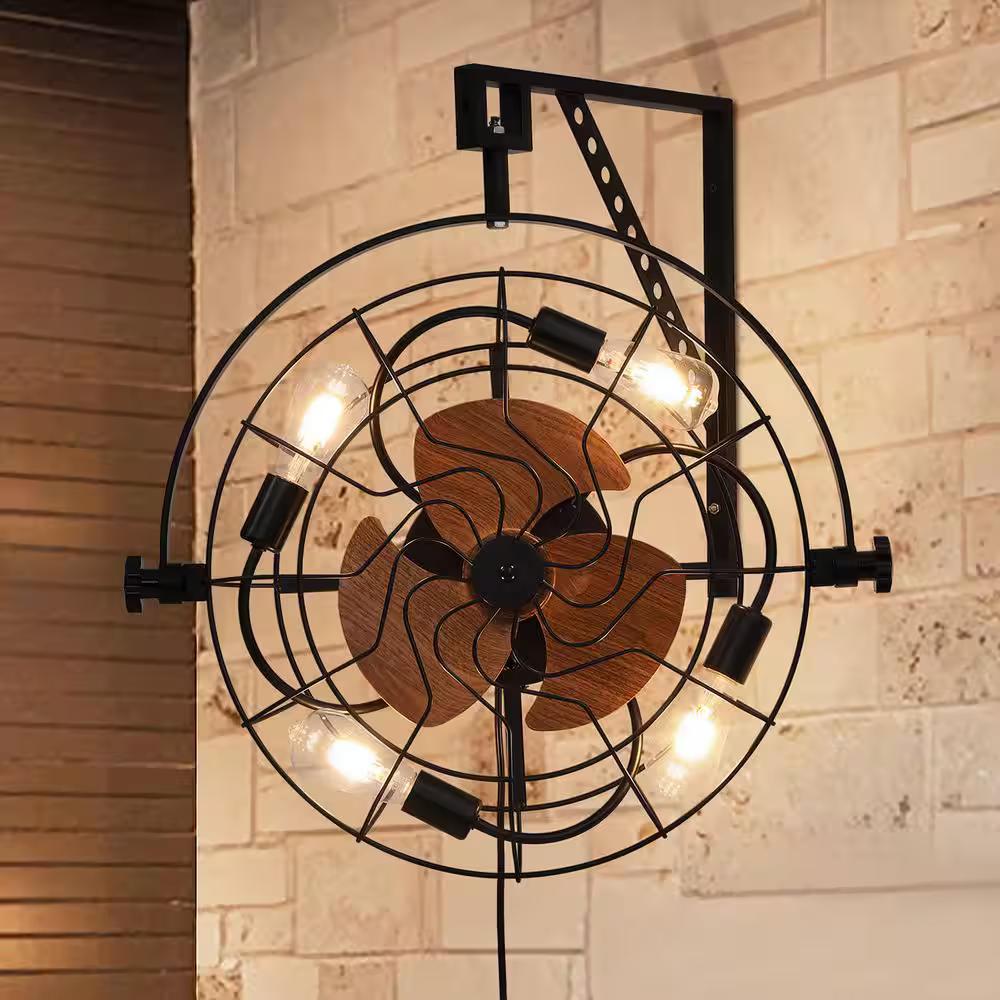 20 in. Indoor 6 Fan Speeds Wall Fan in Black with Lights and Remote, Industrial Black Wall Mounted Ceiling Fan