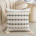 Fancy Homi Set of 2 Neutral Grey Farmhouse Decorative Throw Pillow Covers 18x18 Inch for Couch Bed Chair Indoors, Vintage Country Rustic Retro Room Decor, Soft Handmade Woven Cushion Case with Tassels