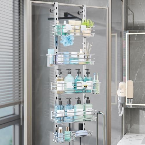 Consumest Over The Door Shower Caddy - 5 Tier Adjustable Shower Organizer Hanging with 2 Toothbrush Holders & 4 Hooks, Rustproof Organizer Shelf, Storage Rack for Bathroom, Silver