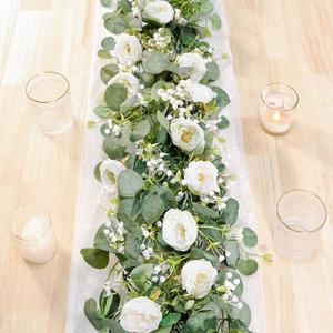 TOCHGREEN 2 Pack 13Ft Artificial Eucalyptus Flower Garland with White Roses, Fake Rose Flower Greenery Garland Floral Vines for Wedding Home Party Table Runner Decor (2PCS, White)