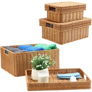 Large Woven Storage Basket with Lid - Handcrafted Wicker Basket for Shelves, Pantry, Office, Nursery Small Medium Large (3-Piece Set)