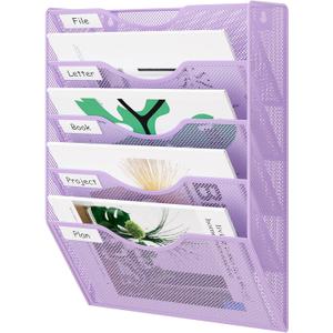 EasyPAG Wall File Organizer 5 Tier Hanging Paper Folder Holder, Zero Assembly Metal Mesh Wall Mounted Mail Organizer for Office Home Classroom Narrow Spaces, Puple (Purple)