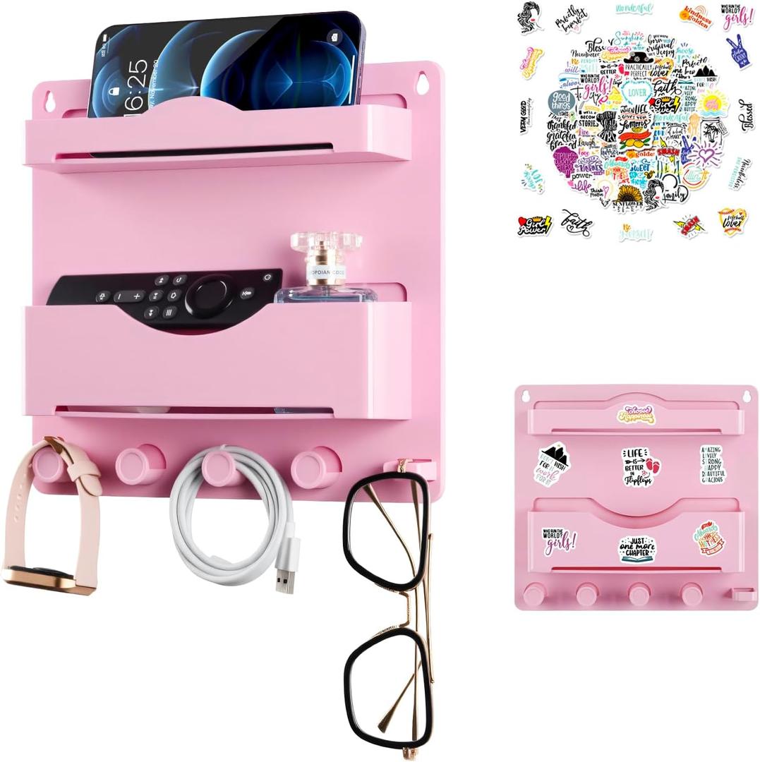JUMEIHUI Pink Bedside Shelf Organizer - Wall Mount Phone Holder with Glasses Hook & 50 Motivational Stickers for Girls Bedroom Dorm Decor