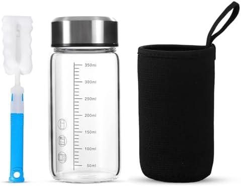 TONGRANG-LIFE 12Oz Small Glass Water Bottle with Lid and Sleeve,0.15in/3.8mm Thick Shaker Bottles for Protein Mixes,Juicing,Smoothies, Infused Water,Beverage,Reusable Small Glass Bottle