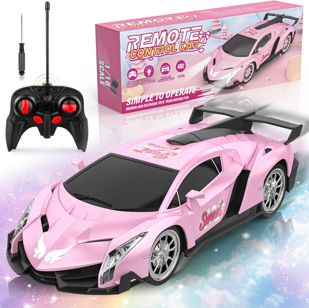 Growsland Remote Control Car for Girls, 1:18 Pink RC Cars Toys for Kids Girl Electric Vehicle Toy Car Hobby Racing Car with Lights & Controller, Birthday Gifts for Girl Boys Age 3 4 5 6 7 8 9 Year Old