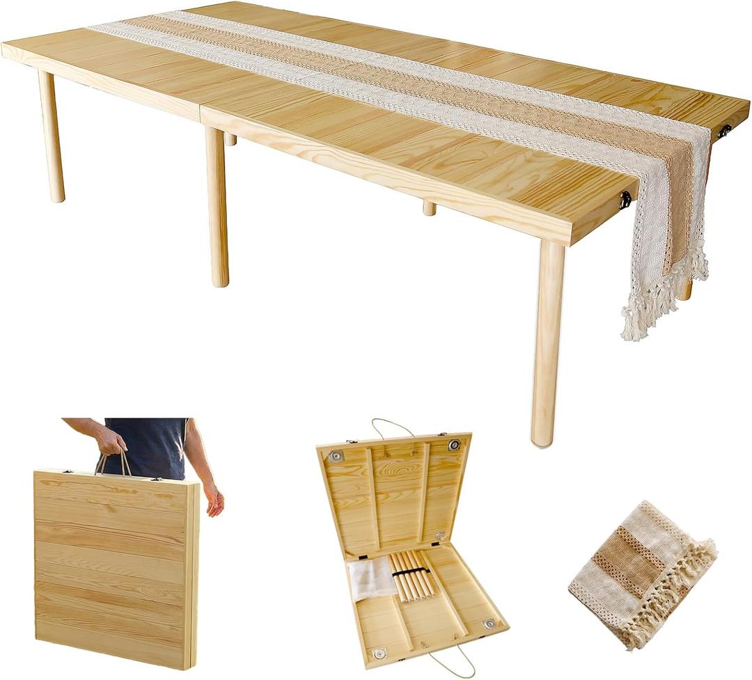 Amdermi Folding Picnic Table with Table Runner, Portable Boho Low Picnic Table for Indoor Outdoor, 60" x 30" Wooden Table for Camping, Wedding, Beach, Garden, Party(Large Size for 6-8)
